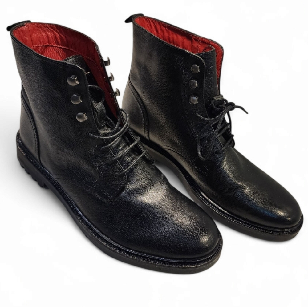 Men's Black Leather Lace-Up Boots with Red Interior